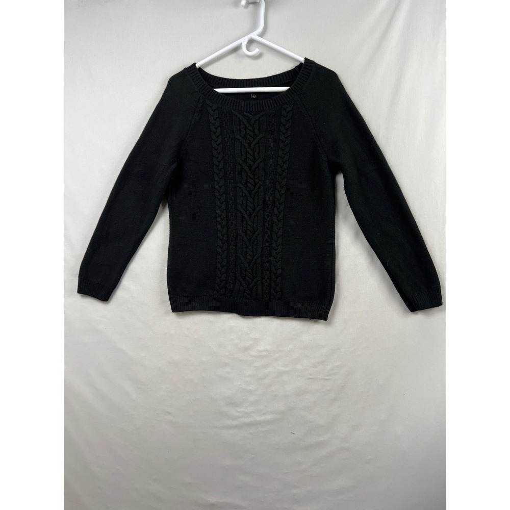 Talbots Cable Knit Sweater Women L Petite Black Angora Blend Pullover Scoop Neck